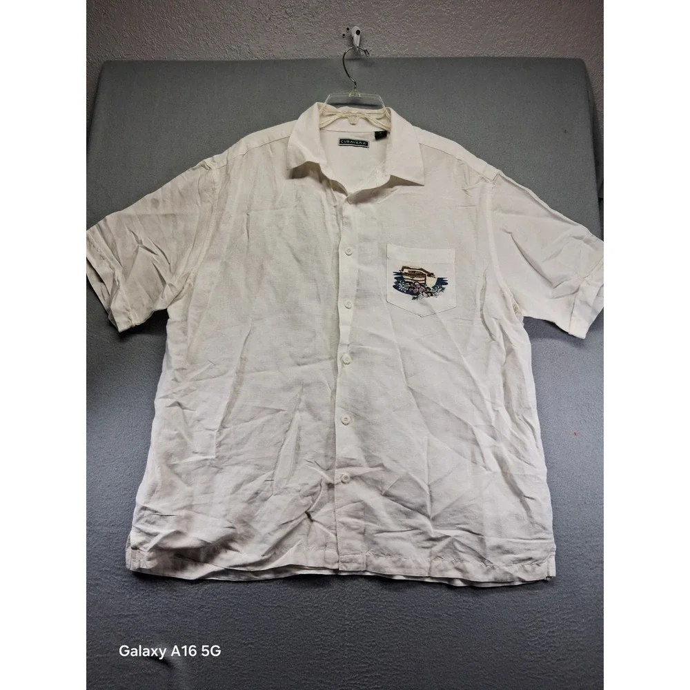 Cubavera Men Button Down White Shirt Linen/Rayon‎ Blend Embroidered Size XL